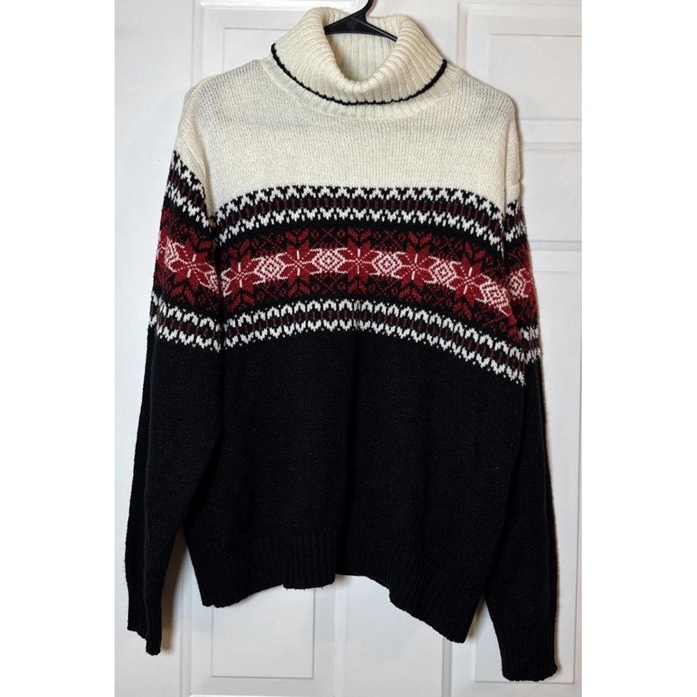 Vintage 90s Carolyn Taylor XL Fair Isle Turtleneck Sweater Nordic Snowflake